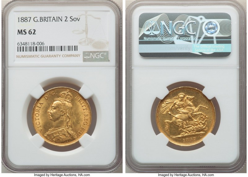 Victoria gold 2 Pounds 1887 MS62 NGC, KM768, S-3865. A definitively struck Jubil...