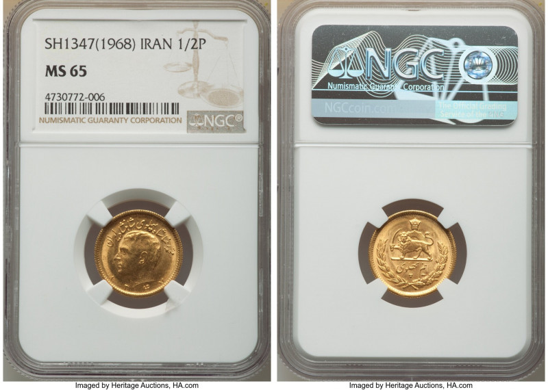 Muhammad Reza Pahlavi gold 1/2 Pahlavi SH 1347 (1968) MS65 NGC, KM1161. AGW 0.11...