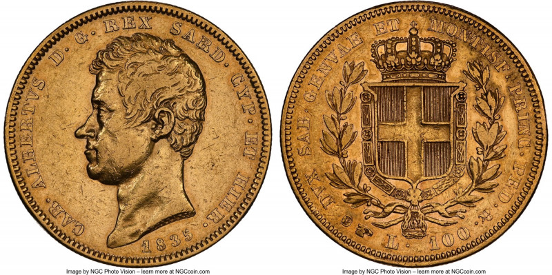 Sardinia. Carlo Alberto gold 100 Lire 1835 (Eagle)-P AU50 NGC, Torino mint, KM13...