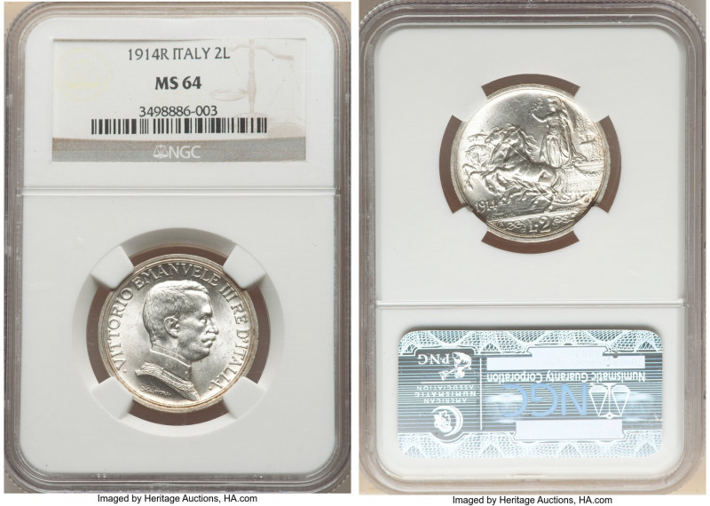 Vittorio Emanuele III 2 Lire 1914-R MS64 NGC, Rome mint, KM55. Superior original...