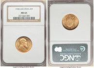 Franz I gold 20 Franken 1930 MS64 NGC, KM-Y12. Mintage: 2,500. One year type. Brilliant satin surfaces with blush tinted golden color. 

HID0980124201...