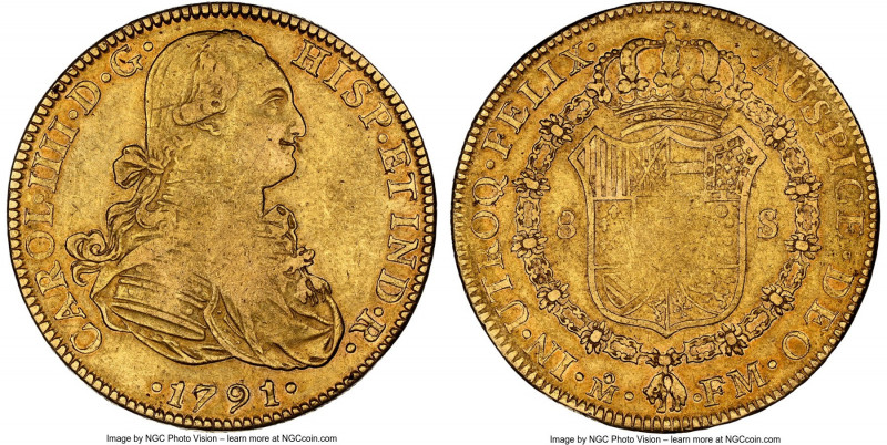 Charles IV gold 8 Escudos 1791 Mo-FM XF45 NGC, Mexico City mint, KM159. Weakly s...