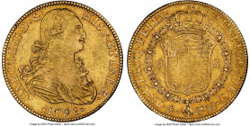 Charles IV gold 8 Escudos 1791 Mo-FM XF45 NGC, Mexico City mint, KM159. Weakly struck centers, still presenting lustrous surfaces with champagne tonin...