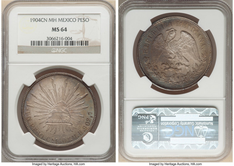 Republic Peso 1904 Cn-MH MS64 NGC, Culiacan mint, KM409. Darker multicolored sha...