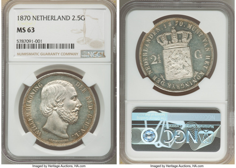 Willem III 2-1/2 Gulden 1870 MS63 NGC, Utrecht mint, KM82. Champagne toning with...