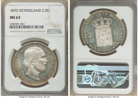 Willem III 2-1/2 Gulden 1870 MS63 NGC, Utrecht mint, KM82. Champagne toning with an orange border on frosted silver devices and reflective fields. 

H...