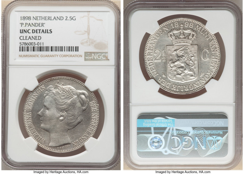 Wilhelmina 2-1/2 Gulden 1898 UNC Details (Cleaned) NGC, Utrecht mint, KM123, Dav...