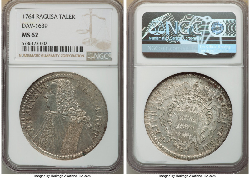 Republic Tallero 1764 MS62 NGC, KM18, Dav-1639. Lightly toned, part of obverse l...