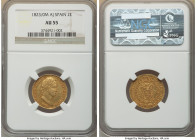 Ferdinand VII gold 2 Escudos 1823/0 M-AJ AU55 NGC, Madrid mint, KM483.1 (unlisted overdate). Slightly muted reflective luster with sangria toning near...
