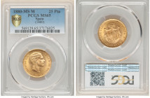 Alfonso XII gold 25 Pesetas 1880(80) MS-M MS65 PCGS, Madrid mint, KM673. Hosting a glowing brilliance of reflectivity and a praiseworthy strike. AGW 0...