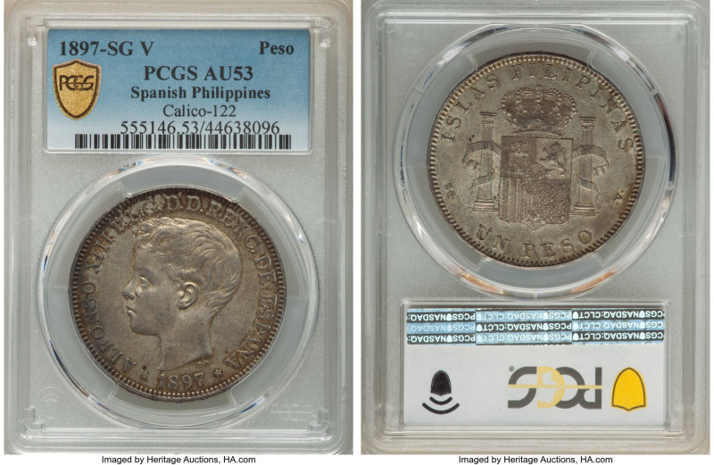 Spanish Colony. Alfonso XIII Peso 1897 SG-V AU53 PCGS, Manila mint, KM154, Cal-1...