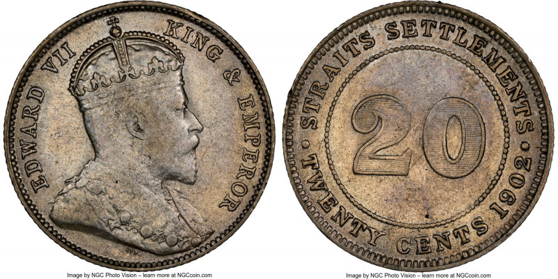 British Colony. Edward VII 20 Cents 1902 AU53 NGC, KM22. Apart from minimal area...