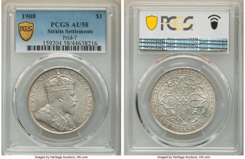 British Colony. Edward VII Dollar 1908 AU58 PCGS, KM26, Prid-7. A sound strike w...