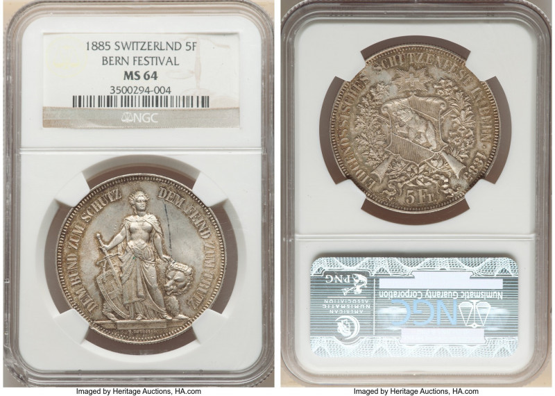 Confederation "Bern Shooting Festival" 5 Francs 1885 MS64 NGC, Bern mint, KM-XS1...