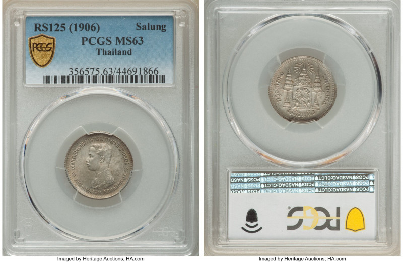 Rama V 1/2 Baht (Salung) RS 125 (1906) MS63 PCGS, KM-Y33a. Centered strike with ...