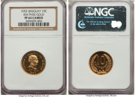 Republic gold Proof Pattern 10 Centesimos 1953 PR64 Cameo NGC, KM-Pn50. With ample mint frost and deeply mirrored watery fields. 

HID09801242017

© 2...