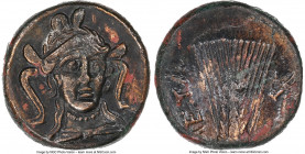 LUCANIA. Metapontum. Ca. 300-250 BC. AE (16mm, 12h). NGC XF, scratches, flan flaw. Head of Athena facing slightly right, wearing triple-crested Attic ...
