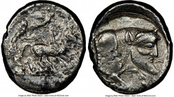 SICILY. Gela. Ca. 480-470 BC. AR tetradrachm (27mm, 6h). NGC VF. Charioteer driving walking quadriga right, on double exergual line; Nike flying right...