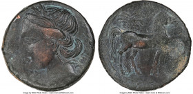 ZEUGITANA. Carthage. Ca. 221-210 BC. AE trishekel (30mm, 12h). NGC Choice VF, overstruck. Second Punic War, ca. 220-215 BC. Head of Tanit left, wreath...