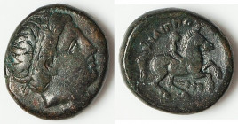 MACEDONIAN KINGDOM. Philip II (359-336 BC). AE unit (18mm, 6.18 gm, 2h). VF. Uncertain mint in Macedonia. Head of Apollo right, wearing taenia / ?I?I?...