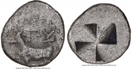 THRACE. Byzantium. Ca. 350-300 BC. AR quarter-siglos or trihemiobol (11mm). NGC Choice VF. Persic standard. Y?Y, bull standing left on dolphin left, r...