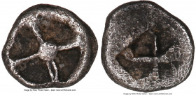 ATTICA. Athens. Ca. 545-520/10 BC. AR hemiobol (8mm). NGC VF. "Wappenmunzen" series. Wheel with four branched spokes / Quadripartite incuse square, di...
