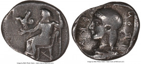 ARCADIAN LEAGUE. Ca. 480-450 BC. AR hemidrachm (16mm, 2.92 gm, 6h). NGC Choice Fine 5/5 - 3/5, light scratches. Zeus enthroned left, left leg drawn ba...