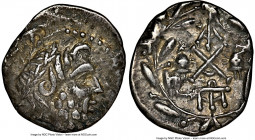 ACHAEAN LEAGUE. Sparta. Ca. 1st century BC. AR hemidrachm (16mm, 2.30 gm, 10h). NGC XF 4/5 - 4/5. Ca. 85 BC. Laureate head of Zeus to right / Large AX...