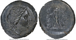 MYSIA. Lampsacus. Ca. 190-85 BC. AE (21mm, 11h). NGC AU. Laureate head of Apollo right / ?AM?A?????, Athena standing facing, head left, Nike left in o...