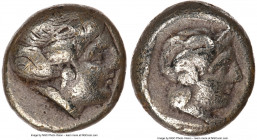 LESBOS. Mytilene. Ca. 412-378 BC. EL sixth-stater or hecte (10mm, 11h). NGC Choice Fine. Laureate head of Apollo right / Head of Artemis right, hair i...