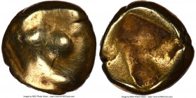 IONIA. Phocaea. Ca. 625-522 BC. EL 1/24 stater or myshemihecte (6mm, 0.59 gm). NGC Fine. Stylized head of lion or seal left, mouth open / Incuse squar...