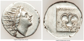 CARIAN ISLANDS. Rhodes. Ca. 88-84 BC. AR drachm (15mm, 2.37 gm, 12h). Choice VF. Plinthophoric standard, Thrasymedes, magistrate. Radiate head of Heli...