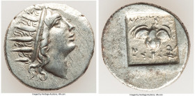 CARIAN ISLANDS. Rhodes. Ca. 88-84 BC. AR drachm (16mm, 2.70 gm, 10h). Choice VF. Plinthophoric standard, Lysimachus, magistrate. Radiate head of Helio...
