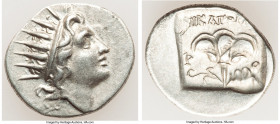 CARIAN ISLANDS. Rhodes. Ca. 88-84 BC. AR drachm (16mm, 2.16 gm, 10h). XF. Plinthophoric standard, Nicagoras, magistrate. Radiate head of Helios right ...