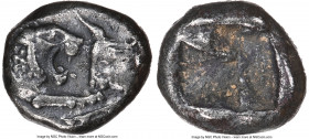 LYDIAN KINGDOM. Croesus (ca. 561-546 BC). AR 1/12 stater or hemihecte (8mm). NGC XF. Persic standard, Sardes. Confronted foreparts of lion on left and...