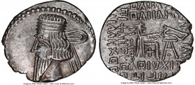 PARTHIAN KINGDOM. Pacorus I (ca. AD 78-120). AR drachm (21mm, 12h). NGC AU. Ecbatana. Bust of Pacorus left with long pointed beard, wearing double ban...