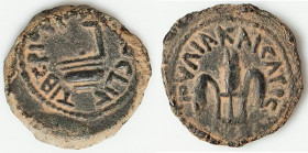 JUDAEA. Roman Procurators. Pontius Pilate (AD 26-36). AE prutah (16mm, 2.47 gm, 12h). Choice VF, repatinated. Jerusalem, dated Regnal Year 16 of Tiber...