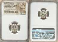 Anonymous. Ca. 211-208 BC. AR victoriatus (15mm, 3.16 gm, 3h). NGC MS 5/5 - 4/5, Fine Style. Luceria. Laureate head of Jupiter right, bead-and-reel bo...
