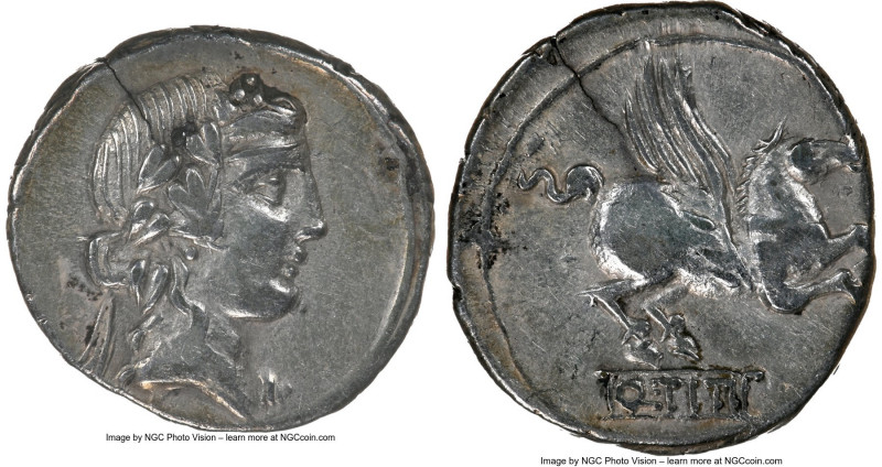 Q. Titius (90 BC). AR denarius (18mm, 3h). NGC VF. Rome. Head of Liber right, we...