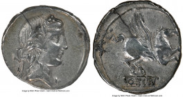 Q. Titius (90 BC). AR denarius (18mm, 3h). NGC VF. Rome. Head of Liber right, wearing ivy wreath, linear border / Q�TITI, Pegasus springing right from...