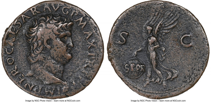 Nero (AD 54-68). AE as (28mm, 5h). NGC VF. Lugdunum, AD 66. IMP NERO CAESAR�AVG ...