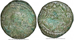 Titus (AD 79-81). AE quadrans (15mm, 6h). NGC VF. Rome, AD 80-81. IMP T VESP-AVG COS VIII, helmeted head of Minerva right / S�C enclosed in laurel wre...