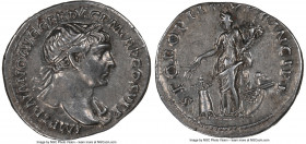 Trajan (AD 98-117). AR denarius (19mm, 7h). NGC Choice XF. Rome, AD 107. IMP TRAIANO AVG GER DAC P M TR P COS V P P, laureate bust of Trajan right, wi...