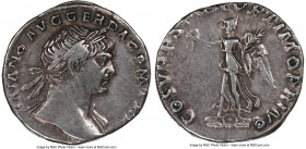 Trajan (AD 98-117). AR denarius (18mm, 8h). NGC Choice VF. Rome, AD 103-111. IMP TRAIANO AVG GER DAC P M TR P, laureate head of Trajan right, drapery ...