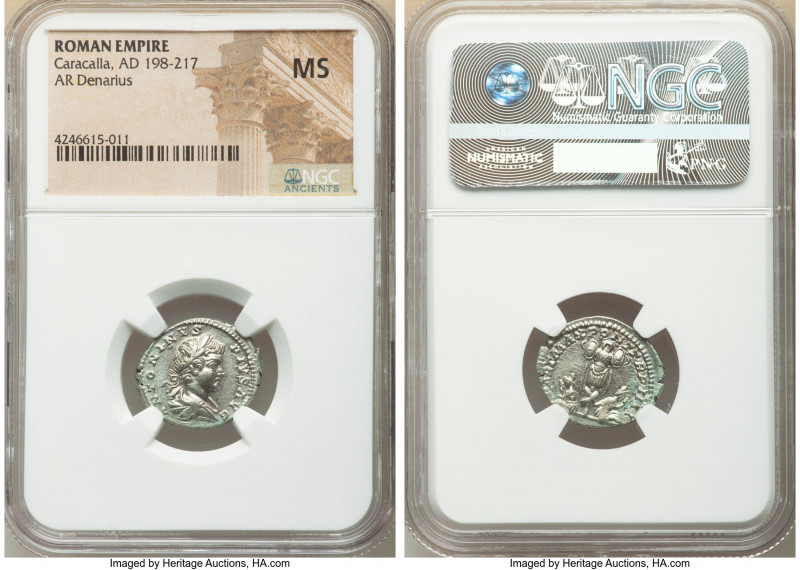 Caracalla, as Caesar (AD 198-217). AR denarius (19mm, 1h). NGC MS. Rome, AD 201....