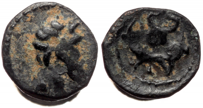 Unreaserched Greek AE (Bronze, 0.67g, 10mm)
Obv: bearded head right
Rev: Two cor...