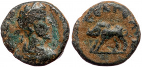 Pisidia, Selge, AE (Bronze, 10,9 mm, 1,25 g), ca. 2nd cent AD (?).
Obv: Laureate and draped bust right. 
Rev: CЄΛΓЄΩ[N], boar left. 
Ref: