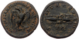 Hadrian (117-138) AE Quadrans (Bronze, 3,46g, 19mm) Rome,128-129 
Obv: IMP CAESAR TRAIAN HADRIANVS AVG, eagle standing right, head left. 
Rev: P M TR ...