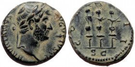 Hadrian (117-138) Æ Quadrans (Bronze 3,02g 16mm) Rome
Obv: HADRIANVS AVGVSTVS P P, laureate head right 
Rev: COS III, three standards; SC in exergue.
...