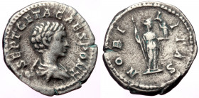 Geta as caesar (198-211), AR denarius (Silver, 19,5 mm, 2,36 g), Rome, struck under Septimius Sever, 200-202.
Obv. P SEPT GETA CAES PONT, draped bust ...